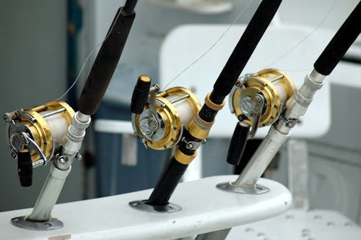 Detailed view of fishing rods with gold reels on a boat, ideal for angling enthusiasts.